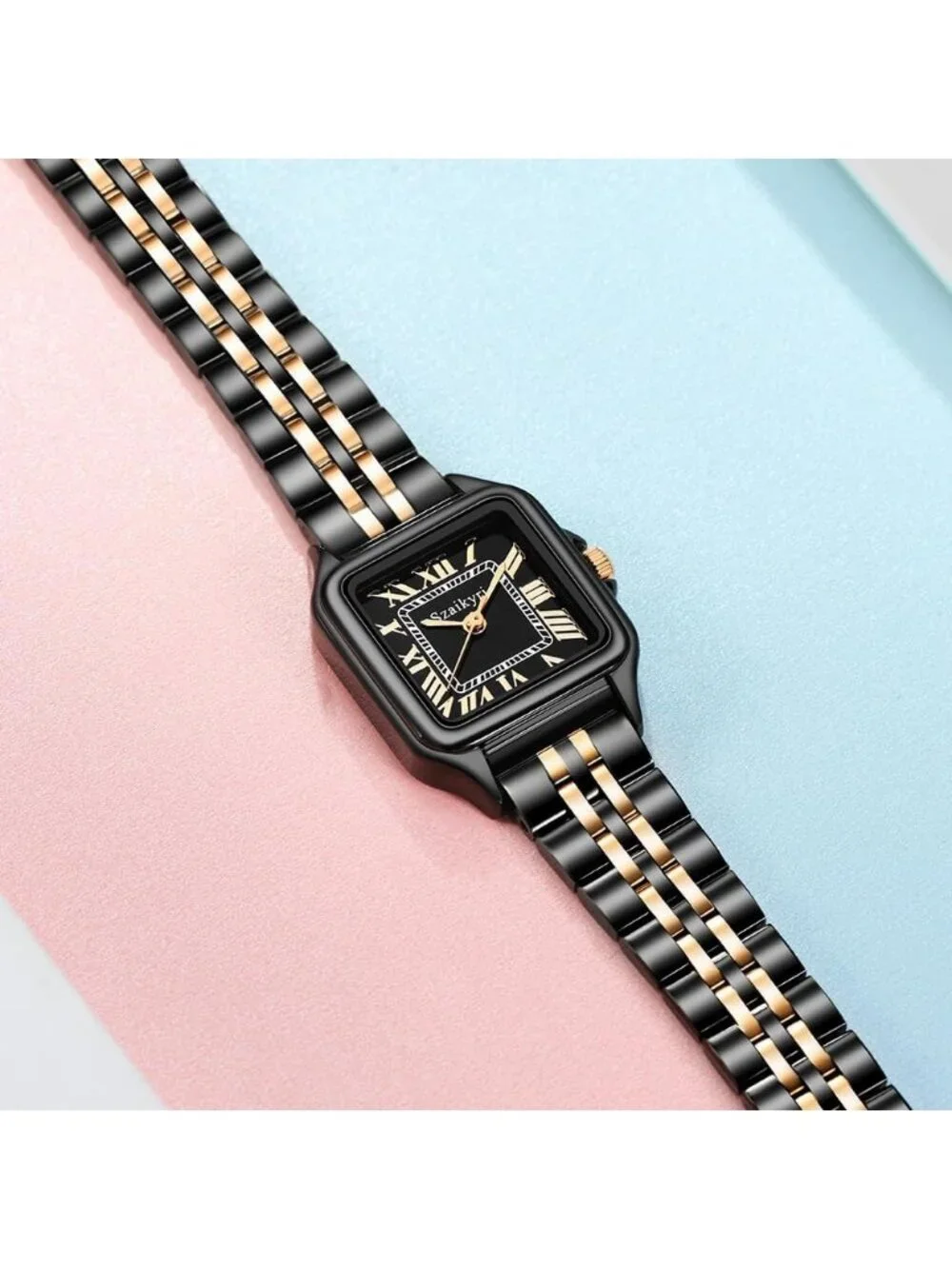 Women's Rose/ Gold/Black Square Dial Dainty Vintage Stainless Steel Band Watches